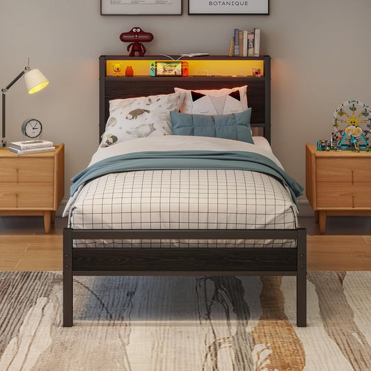 Bed van metaal en hout, 90 x 200 cm, met lattenbodem, USB-oplaadfunctie type C, hoofdeinde met opbergruimte, voor gasten of jongeren, zwart
