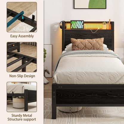 Eenpersoonsbedframe met houten opberghoofdeinde, 90 cm, houten bedframe, eenpersoonsbed met oplaadstation, USB-poorten en ledverlichting, zwart