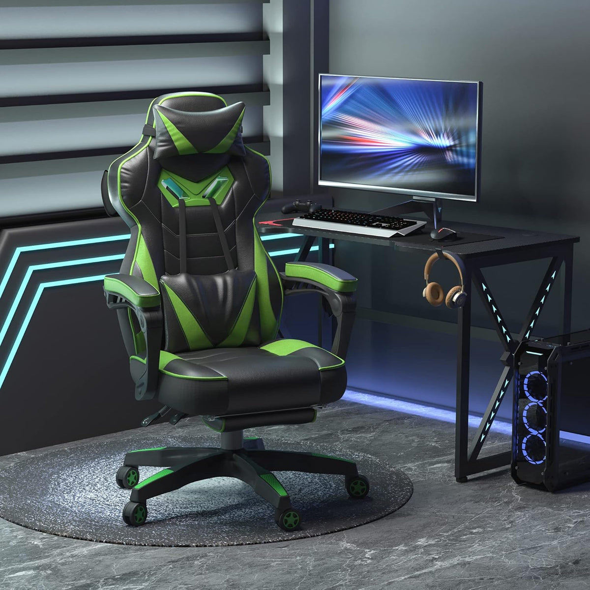 Vinsetto Ergonomic Gaming Chair, Comfortable Office Chair with Footrest, Headrest and Lumbar Cushion, Height Adjustable, Black and Green - QUORE