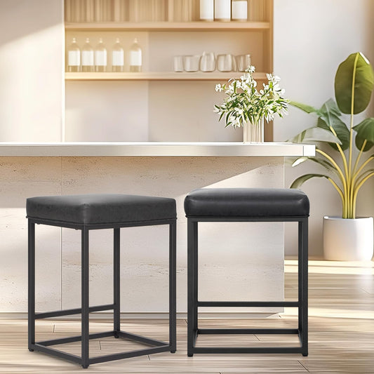 ALPHA HOME Set van 2 barkrukken, barkrukken op aanrechthoogte met voetsteun, ontbijtstoel van PU-leer zonder rugleuning, keuken-eetkamer-cafékruk voor binnen en buiten, zwart