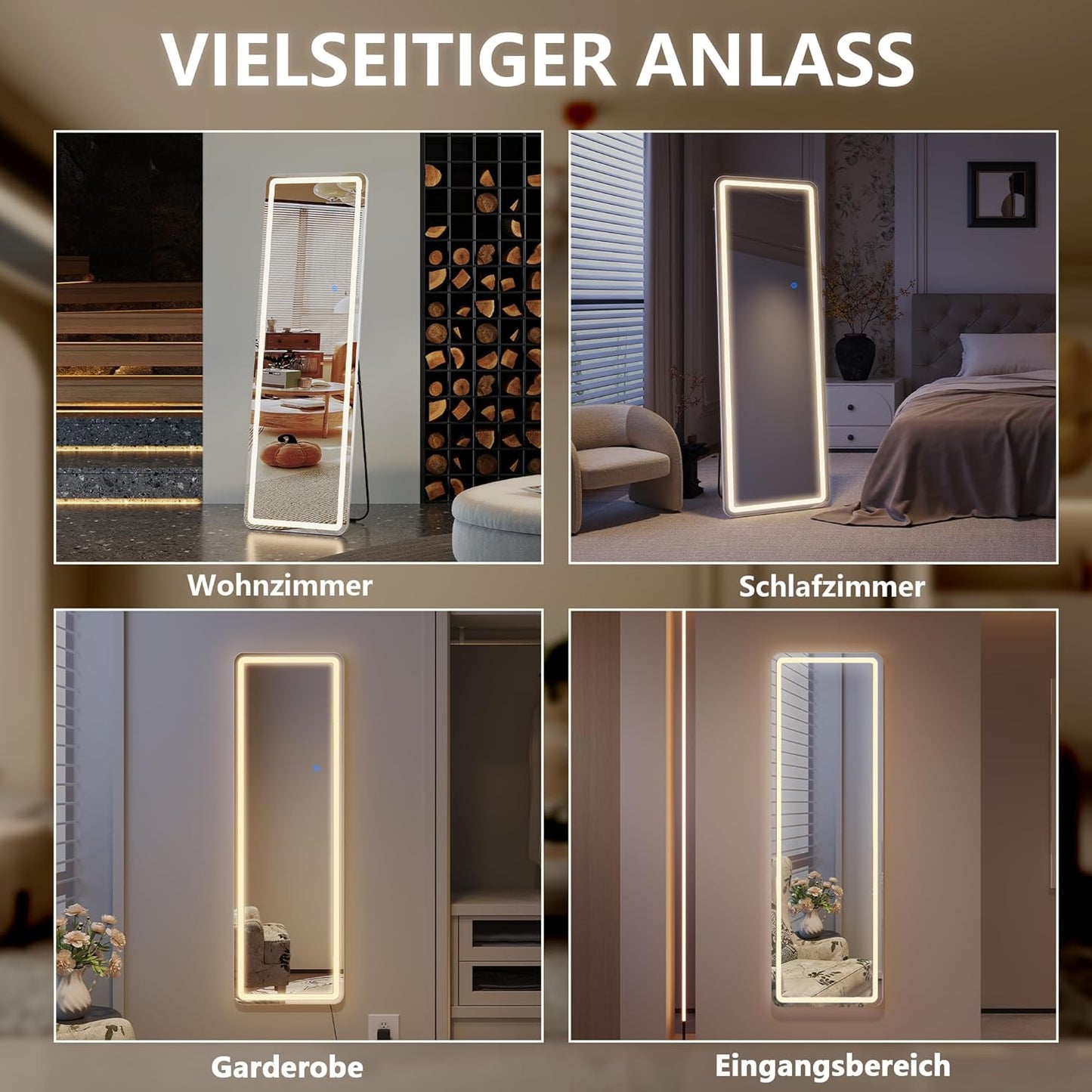 Staande Spiegel LED – Lange Spiegel – Grote Wandspiegel – Volledige Lengte Passpiegel – Vloerspiegel Vrijstaand – 160 x 50 cm – Dimbare 3-kleur LED Verlichting – Robuust Aluminium Frame