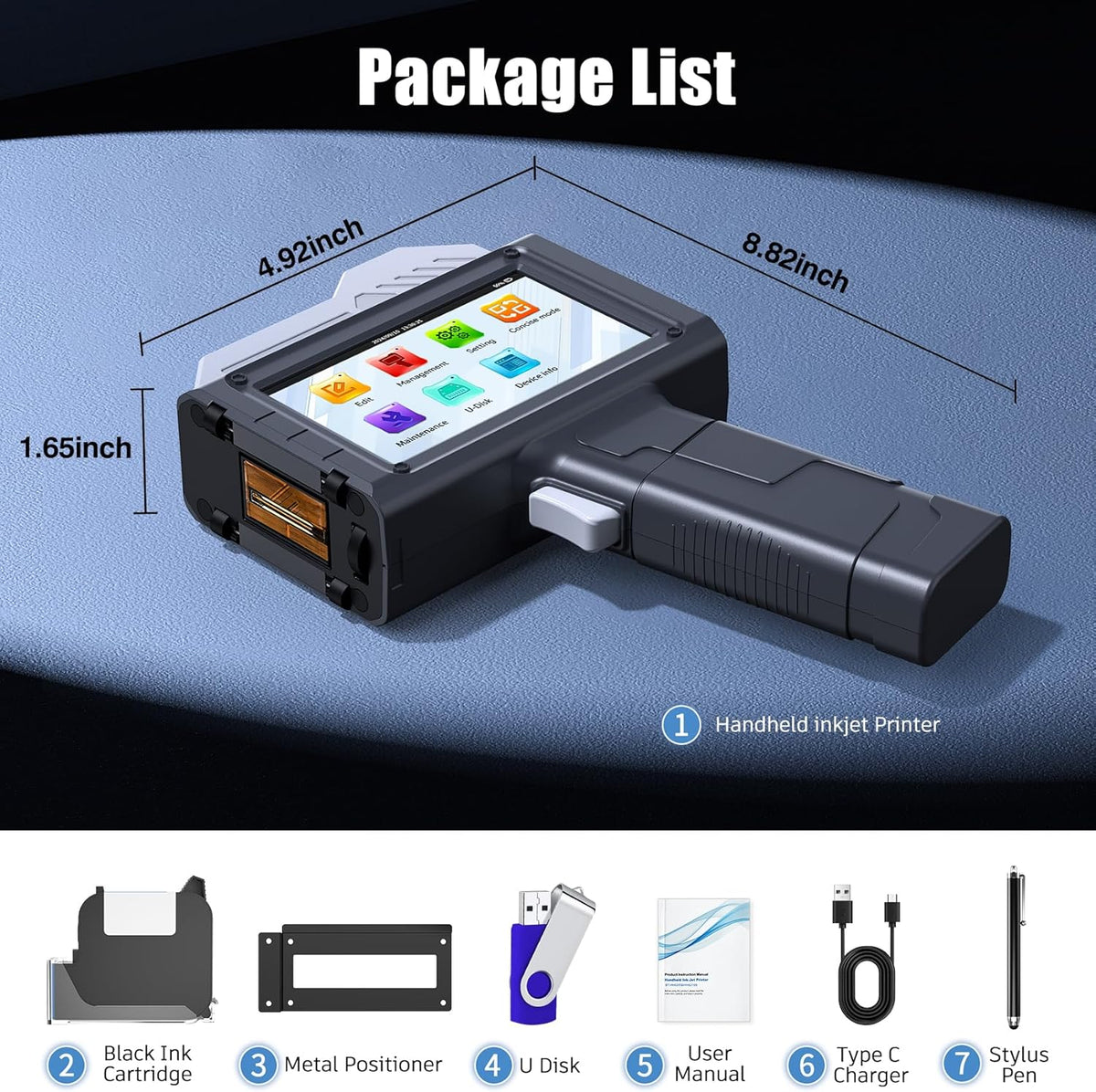 Handbediende inkjetprinter – Handprinter, draagbare inkjetprinter, codeprinter, inkjetcoderingsmachine – 25,4 mm afdrukhoogte met 4,3 inch HD touchscreen – 300 DPI en sneldrogende inkt met sterke hechting