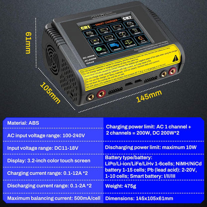 LiPo Oplader – RC Acculader – Batterijlader – Accu Oplader – RC Charger – Dubbel Kanaal – 3,2 Inch Kleuren-Touchscreen – 200W AC / 400W DC
