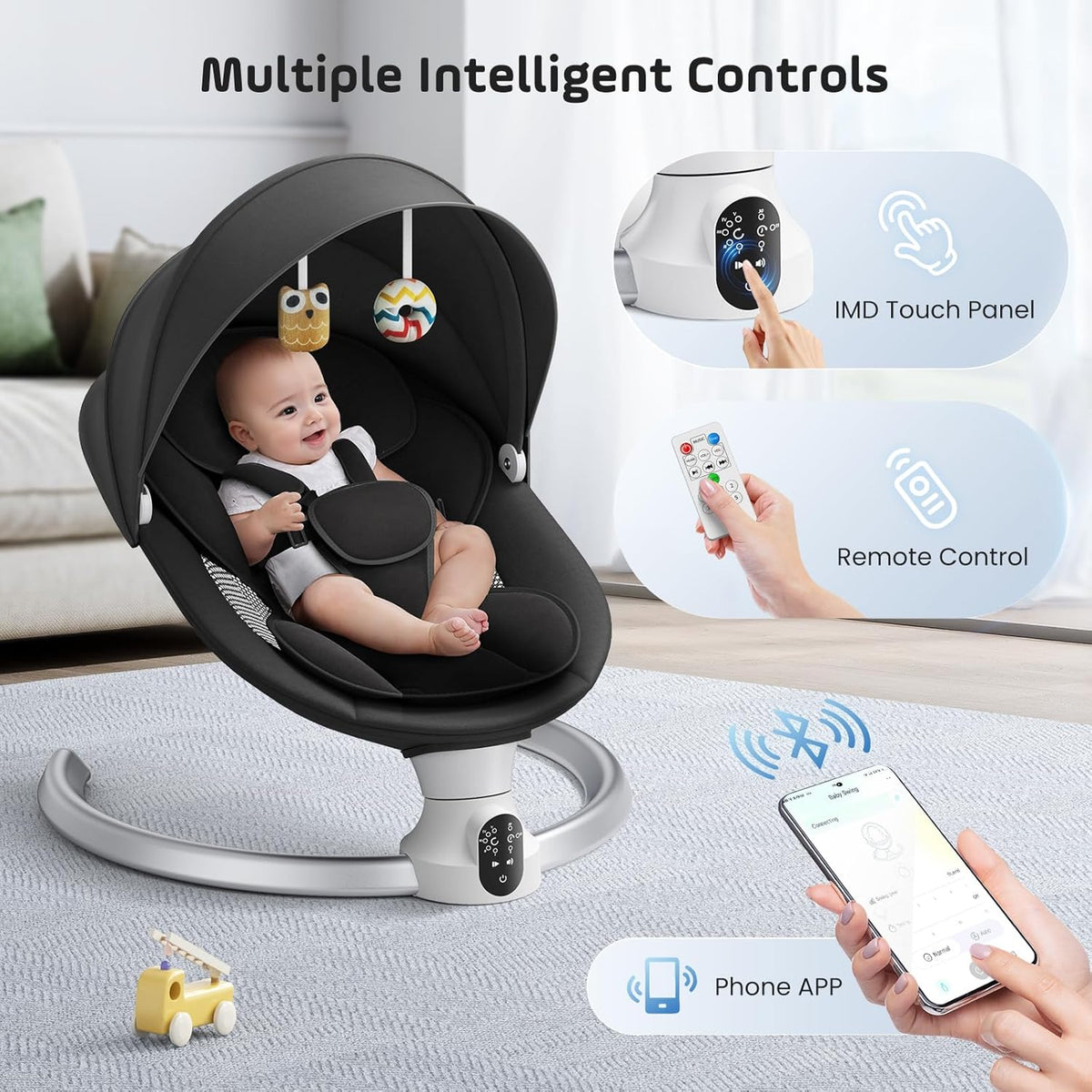 BlundiQue Baby Rocker Troll Programme with Remote Control and Control Baby Swing with 5 Swing Widths 3-Step Timer 3 Toy Grey Lamb Soft Padded (Black) - QUORE