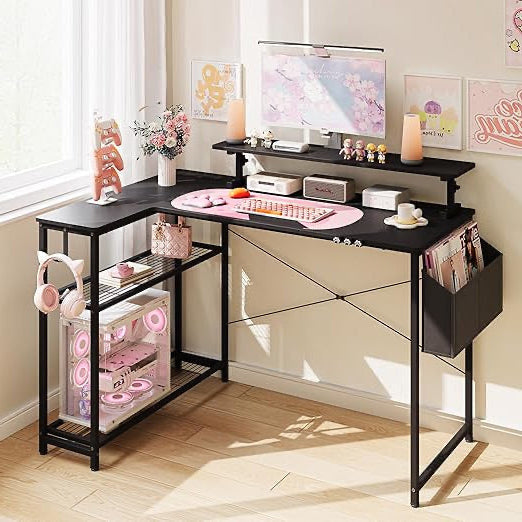 Dowinx Cute Gaming Desk, Carbon Fiber Surface Computer Table, Home Office Desk, PC Workplace with Cup Holder and Headphone Hook, 100x50cm, Black/Pink - QUORE
