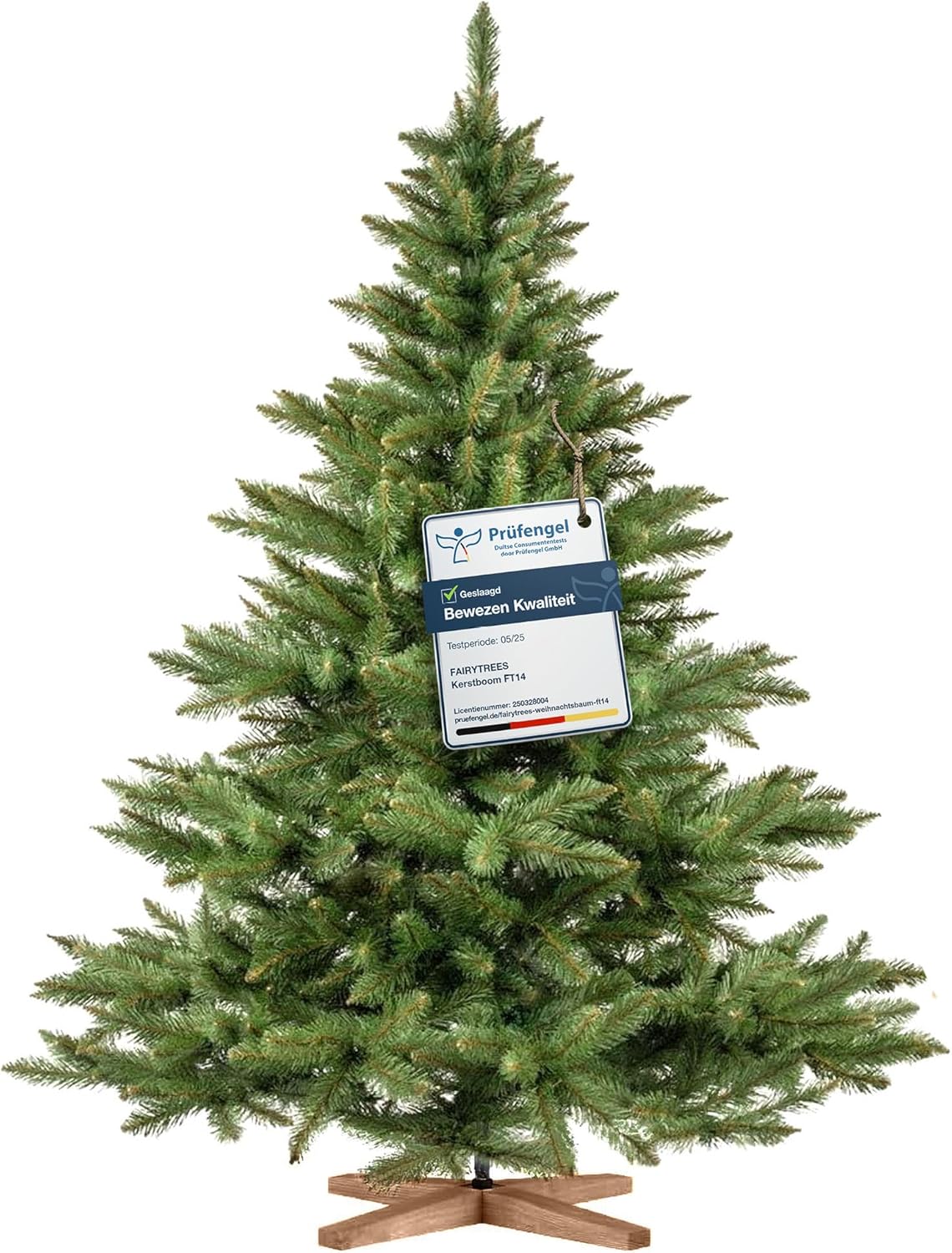 FairyTrees Kunstkerstboom – Nordmann, 180 cm, Realistische PVC-naalden, Handgemaakte essenhouten standaard, Made in EU.