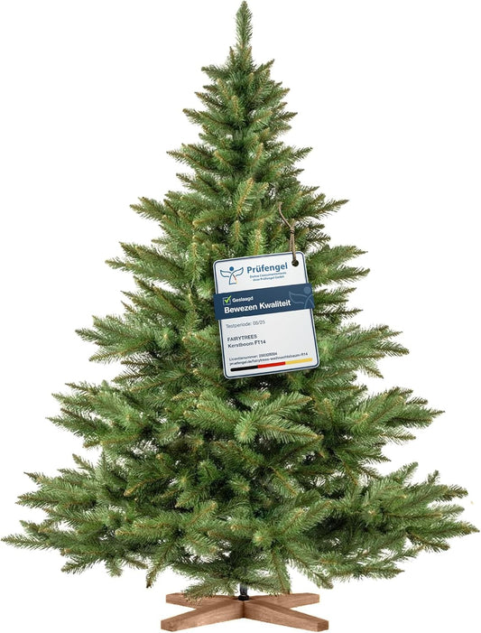 FairyTrees Kunstkerstboom – Nordmann, 180 cm, Realistische PVC-naalden, Handgemaakte essenhouten standaard, Made in EU.
