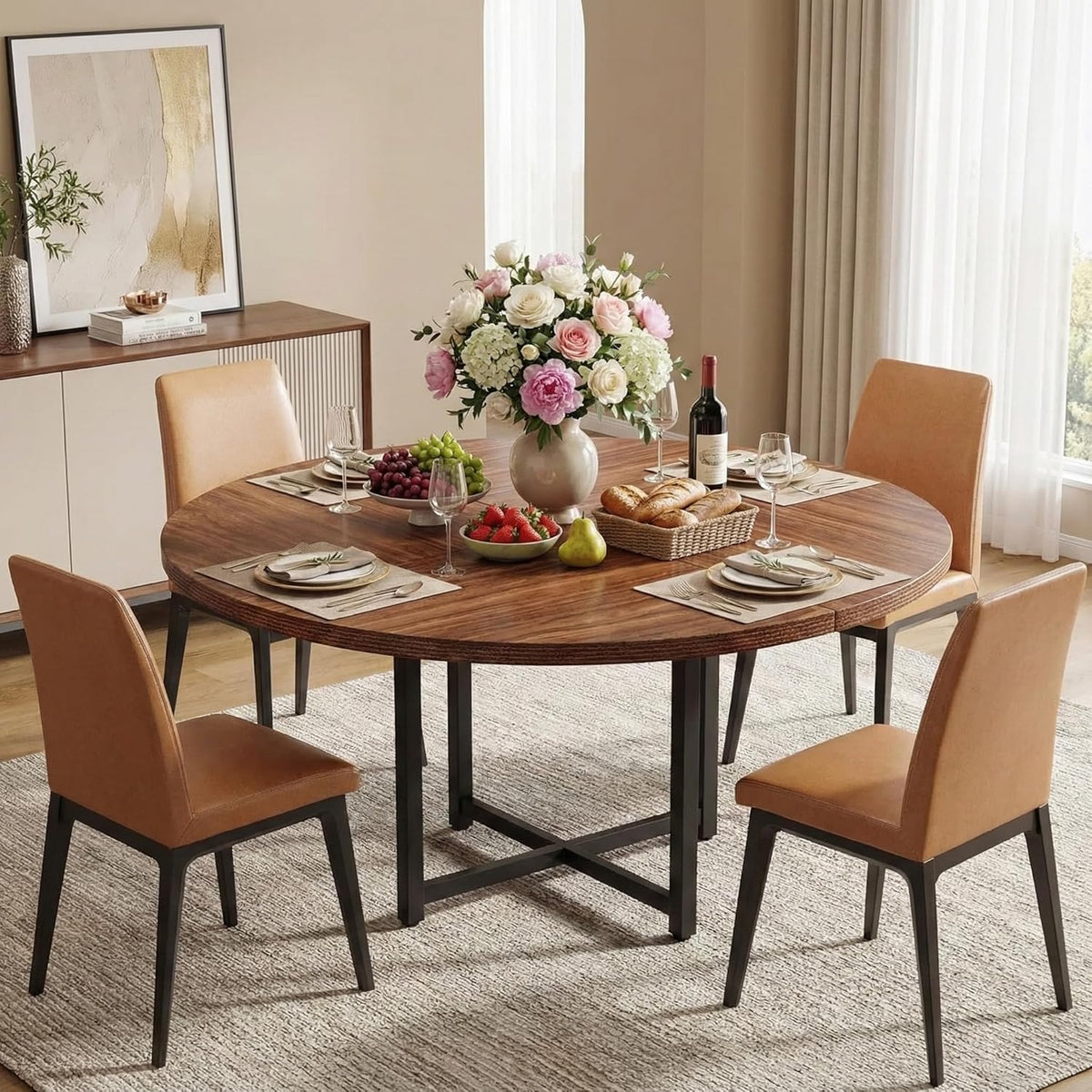 Ronde Eettafel – Eettafel Rond – Keukentafel – Houten Eettafel – Eettafel 4 Personen – 120 cm Diameter – Robuust Stalen Onderstel