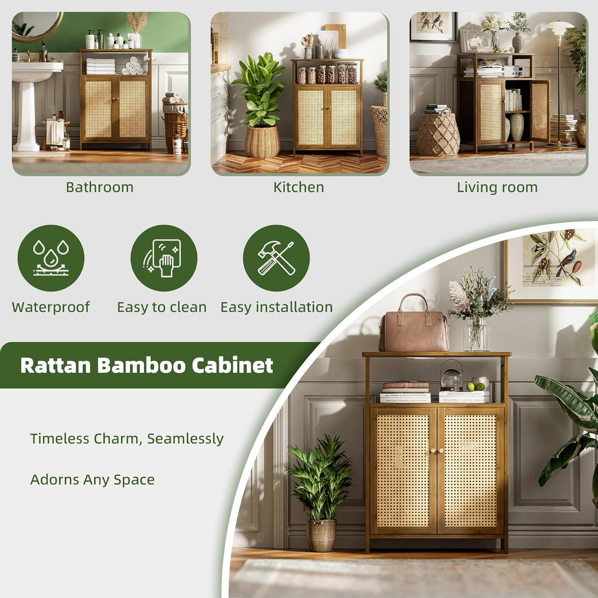 Badkamer Vloerstandaard Kast, Bamboe Opberg Organizer Tafel met 2 Rotan Deuren en 1 Plank, Houten Bijzetkast voor Hal, Wasserij, Keuken, Woonkamer (Walnoot)