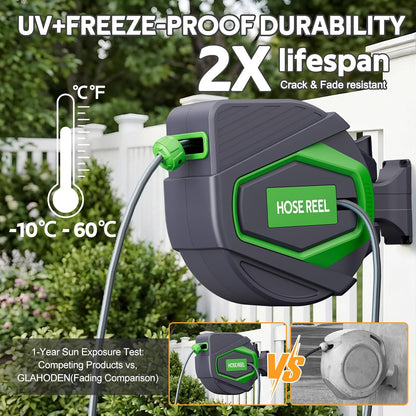 Wandslangbox, automatisch, 28 + 2 m, uittrekbare tuinslang met wandhouder, 180 graden draaibaar, Any-Stop en multifunctioneel mondstuk, uv-bestendige slanghaspel voor tuin, terras, reiniging