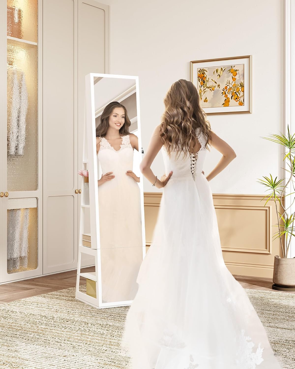 Hzuaneri Jewellery cabinet, with 360° rotating base, lockable mirror in full length, large 4-stage storage compartments, 4-in-1 multifunctional (white and beige)