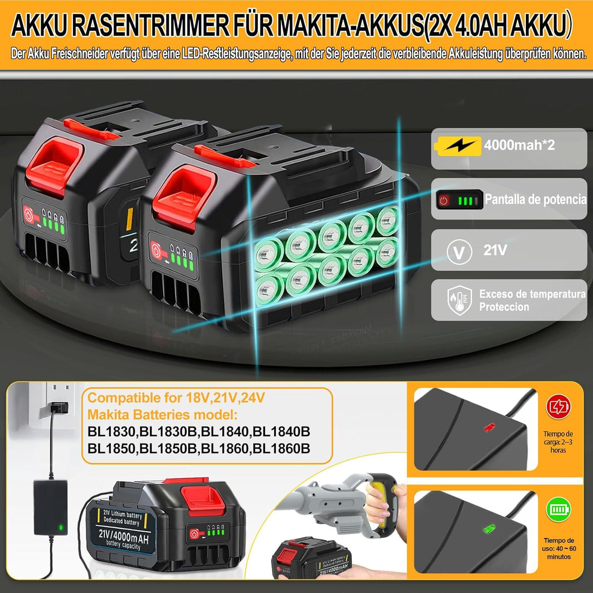 Draadloze grastrimmer met accu 21 V borstelloze bosmaaier met 2 accu's 4,0 Ah en onkruidborstel, 4-in-1 telescopische elektrische bosmaaier, draadloos, oranje
