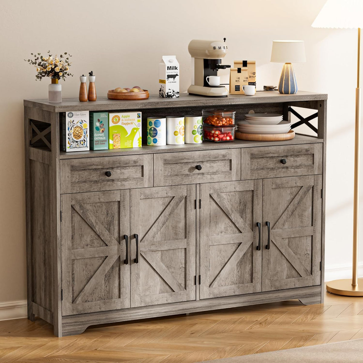 Sideboard, keukenkast met laden, opbergkast, dressoir met open plank, koffiebarkast voor keuken, eetkamer, woonkamer, 130 x 35 x 95 cm, grijs in houtlook