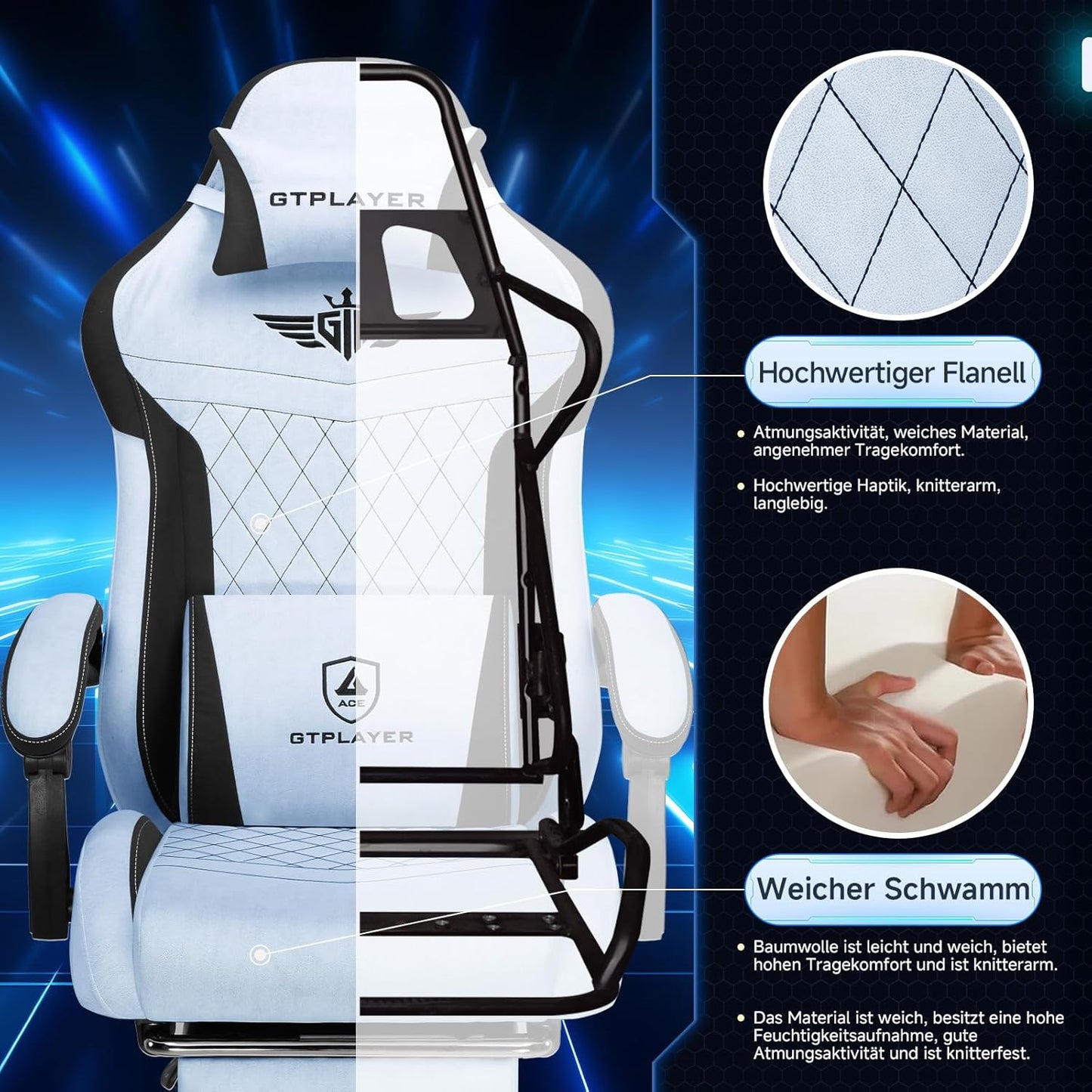 GTPLAYER Gaming Chair, Ergonomic Gamer Chair Made of High Quality Flannel with Lumbar Support, PC Chair with Widened Backrest, Maximum Load 150 kg, Light Blue - QUORE