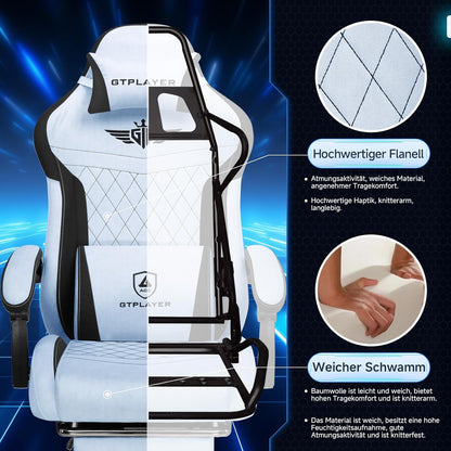 GTPLAYER Gaming Chair, Ergonomic Gamer Chair Made of High Quality Flannel with Lumbar Support, PC Chair with Widened Backrest, Maximum Load 150 kg, Light Blue - QUORE