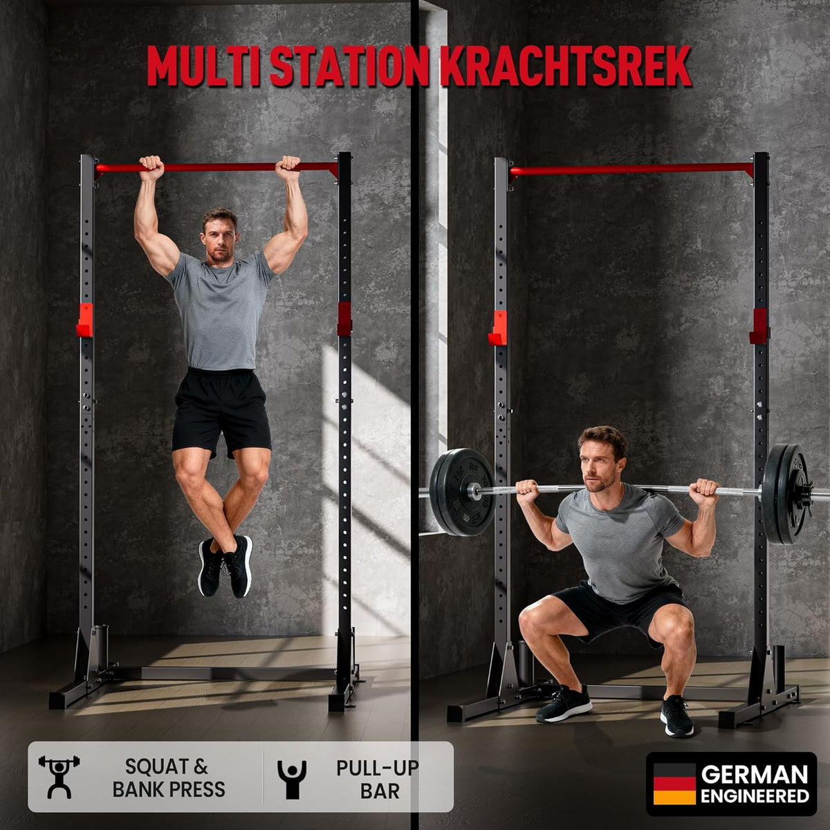 Power rack Basic – Squat rack – Fitness rack – Krachtstation – Halterrek – Stalen constructie 50 x 50 mm – In 12 hoogtes verstelbaar met optrekstang en dipsteunen