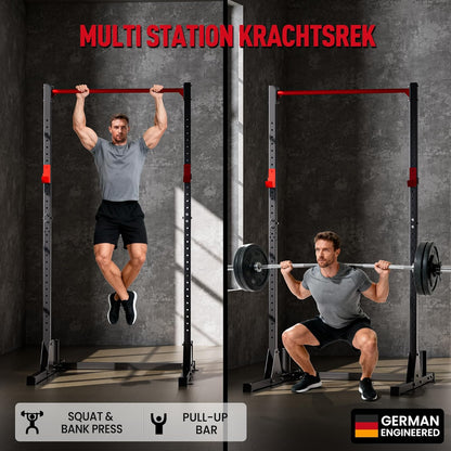 Power rack Basic – Squat rack – Fitness rack – Krachtstation – Halterrek – Stalen constructie 50 x 50 mm – In 12 hoogtes verstelbaar met optrekstang en dipsteunen