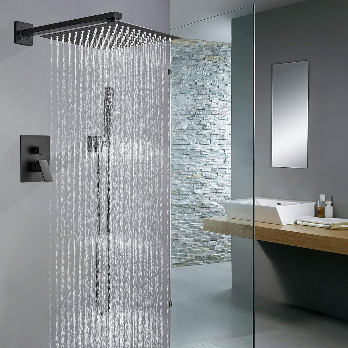 Sanitemodar Inbouwdoucheset van Zwart, Inbouw-douchearmatuur met 30 x 30 cm Hoofddouche, Inbouwdoucheset met Handdouche