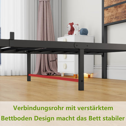 Eenpersoonsbed 90 x 200 cm met houten hoofdeinde, bedframe met lattenbodem van metaal, eenpersoonsbed, metalen bed, eenpersoonsbed, 90 x 200 cm met opbergruimte, robuust en stabiel, bruin