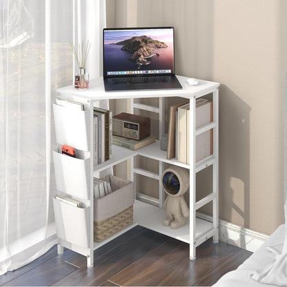 VEDECASA Witte printertafel, hoek printerstandaard 3-laags, printertafel met laadstation, printerstandaard op 2 stopcontacten en 2 USB-poorten, zijzakken, verstelbare voeten, CPU-standaardhouder voor