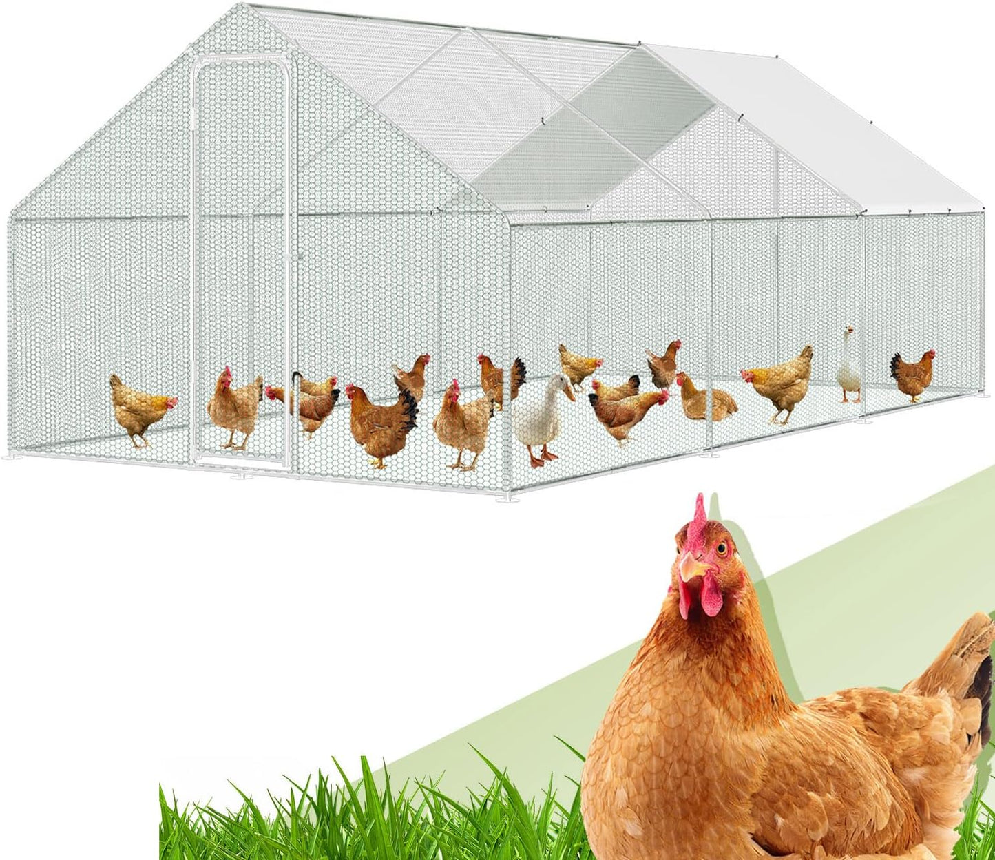 Randaco Chicken Coop XXL 3 x 6 x 2 m Galvanised Steel Outdoor Poultry Run with Lock and Waterproof PE Colouring Cloth for Chicken Cage, Poultry, Small Animals - QUORE