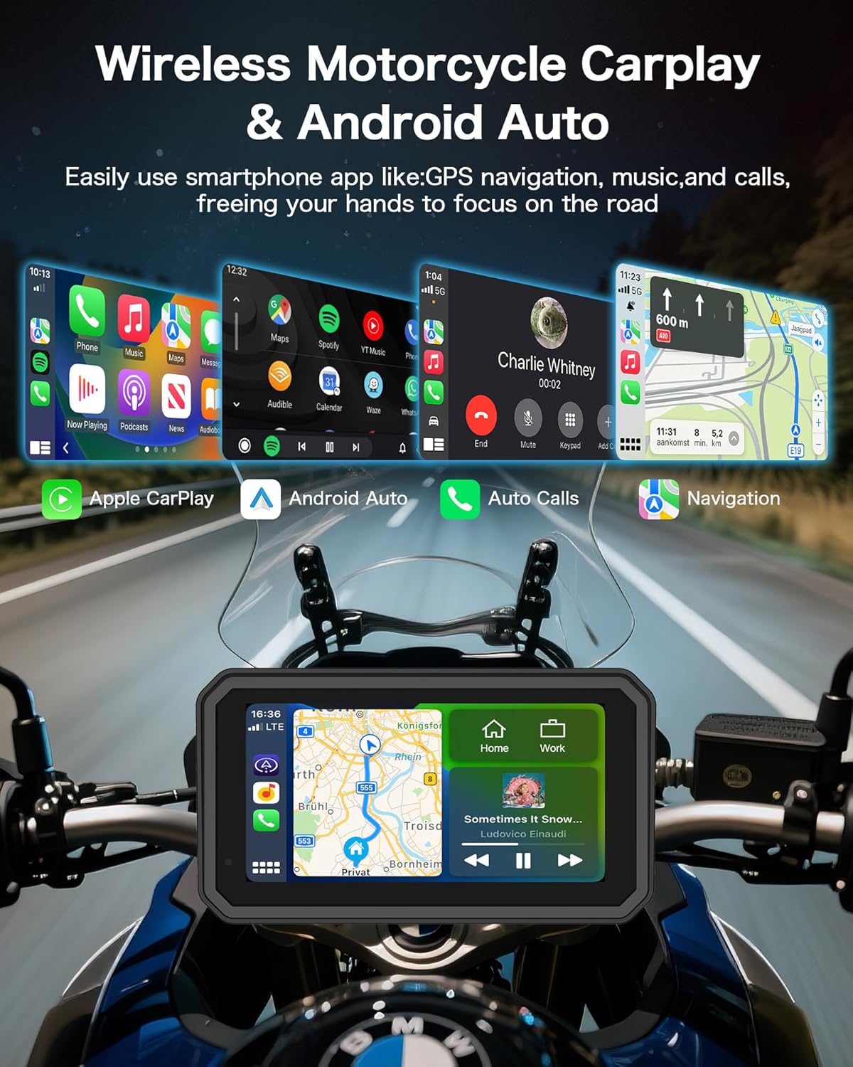4K Dashcam Motorfiets CarPlay Android Auto 6.25 Inch Motorfiets Navigatie apparaten IP67 Waterdichte GPS-navigatie-apparaten voor motorfietsen, Dual Bluetooth, Siri/Google Assistant 64GB winkelwagen