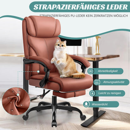 Bureaustoel – Bureaustoel Ergonomisch – Bureaustoel Met Voetensteun – Managersstoel – Werkstoel – Mat Bruin Kunstleer – Grote Hoge Zitting – Kantelfunctie En Hoogteverstelling