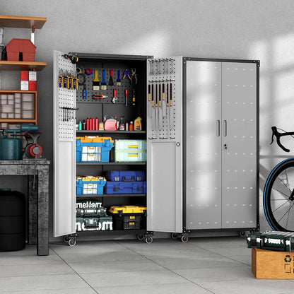 Metalen garagekast zwart/grijs – Gereedschapskast – Werkplaatskast – Opbergkast – Rollende gereedschapskast – 3 verstelbare planken en steekbord – 180 x 80 x 40 cm, koudgewalst staal