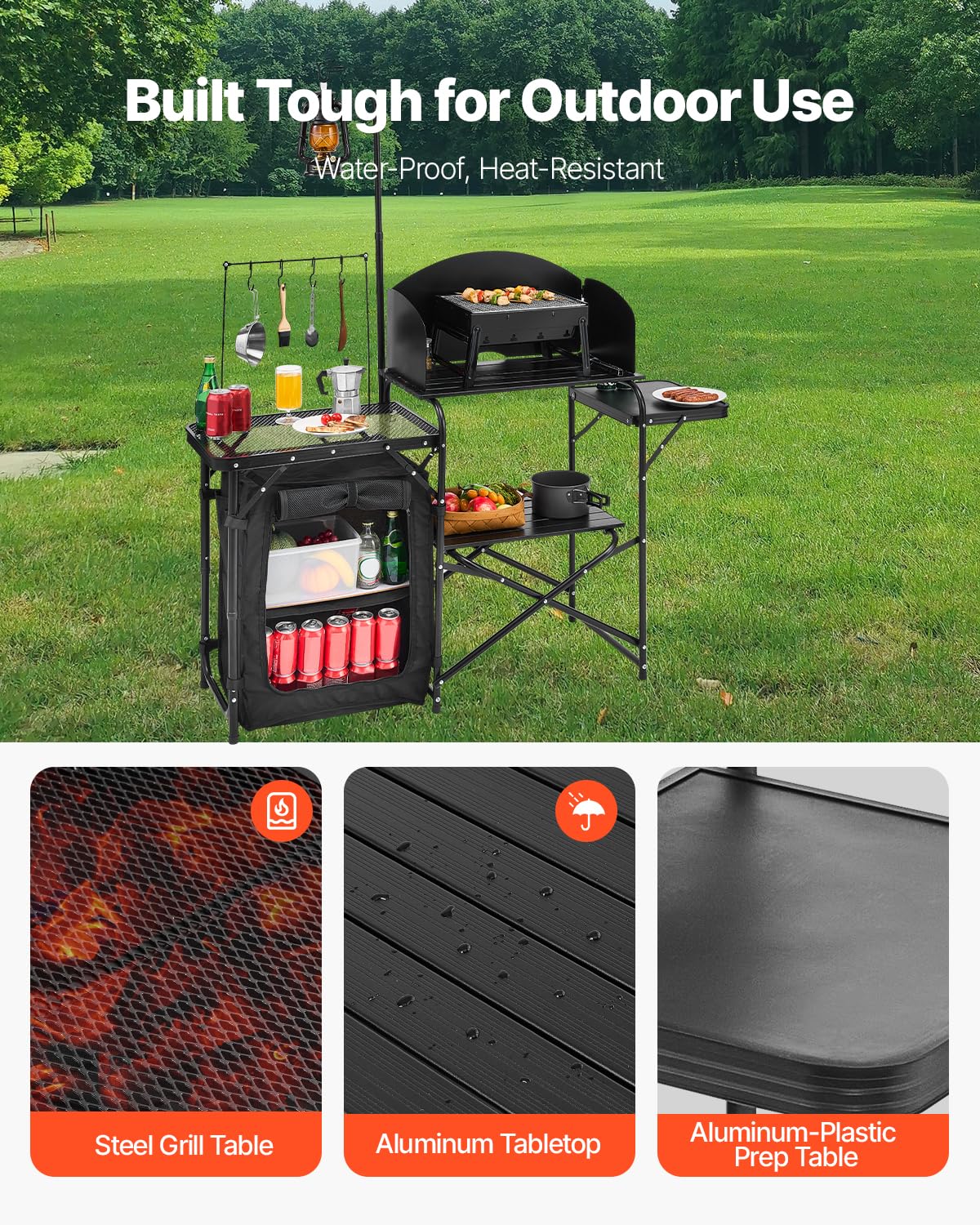 VEVOR Keukentafel voor camping buiten, aluminium, met opbergkast, draagtas, afneembare voorruit, geschikt voor barbecue, feest, picknick, reizen, camper, zwart