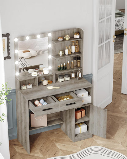 Hzuaneri Dressing Table with Mirror and 10 LED Lamps, Makeup Table with 3 Shelves and 4 Open Compartments, Dressing Table with 2 Drawers and Cabinet, 3 Adjustable Luminosities,GreigeDT32505X