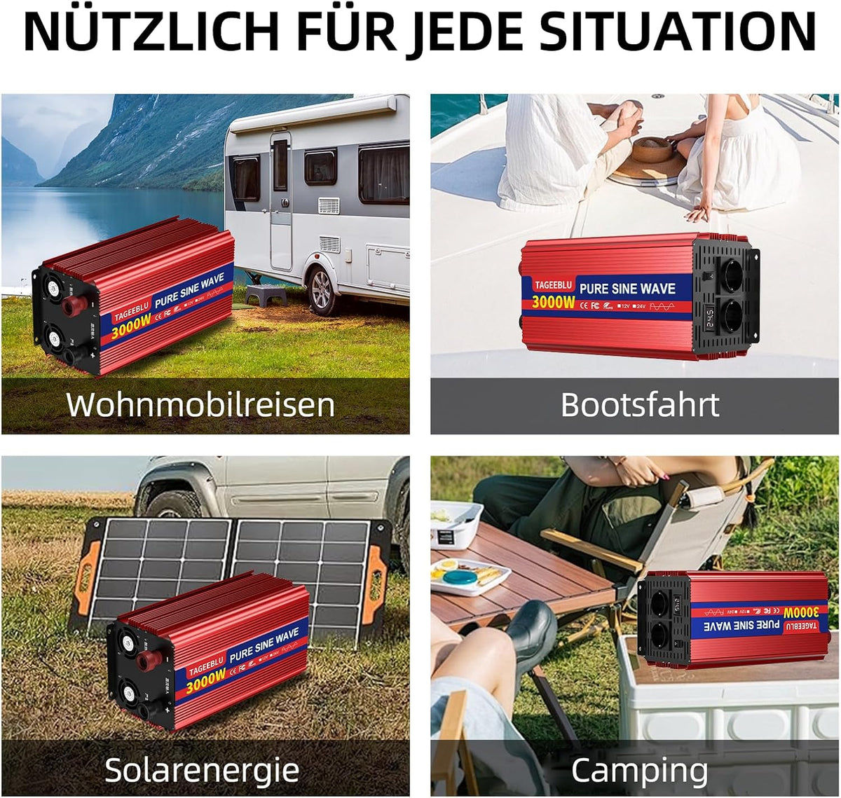 3000W zuivere sinusomvormer DC 24V naar AC 230V spanningsomvormer, omvormer voor voertuigen met krokodillenklem, 2 AC stopcontacten en LCD scherm
