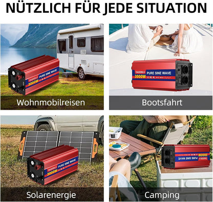 3000W zuivere sinusomvormer DC 24V naar AC 230V spanningsomvormer, omvormer voor voertuigen met krokodillenklem, 2 AC stopcontacten en LCD scherm