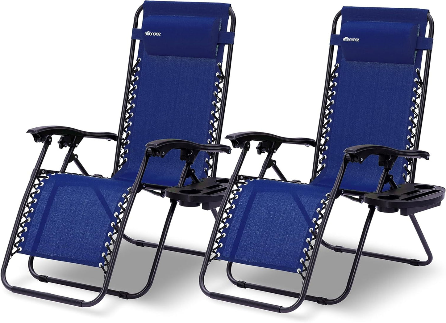 Serenelife Sun Lounger, Set of 2 Sun Loungers - Adjustable Garden Loungers with Side Table, Cup Holders, Removable Cushions - Foldable and Portable Lounge Chairs for Patio Garden Beach - Blue - QUORE