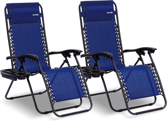 Serenelife Ligstoel, Set van 2 Ligstoelen - Verstelbare Tuinligstoelen met Zijtafel, Bekerhouders, Afneembare Kussens - Opvouwbare en Draagbare Loungestoelen voor Terras, Tuin, Strand - Blauw