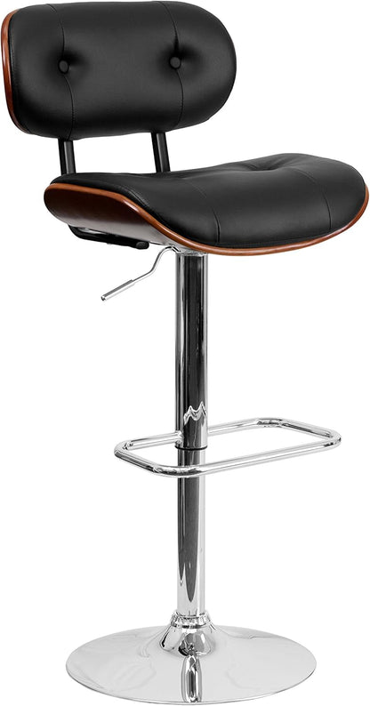 Flash Furniture Barkruk van walnoothout met verstelbare hoogte en met knopen gewatteerde zwarte vinyl bekleding