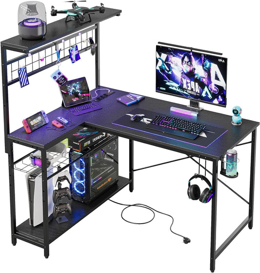 Hoekbureau – L-vormig Bureau – Computertafel – Werkplekmeubel – Gamersbureau – Paars – Met RGB Led-verlichting – Inclusief Oplaadpunten en Opbergruimte - QUORE