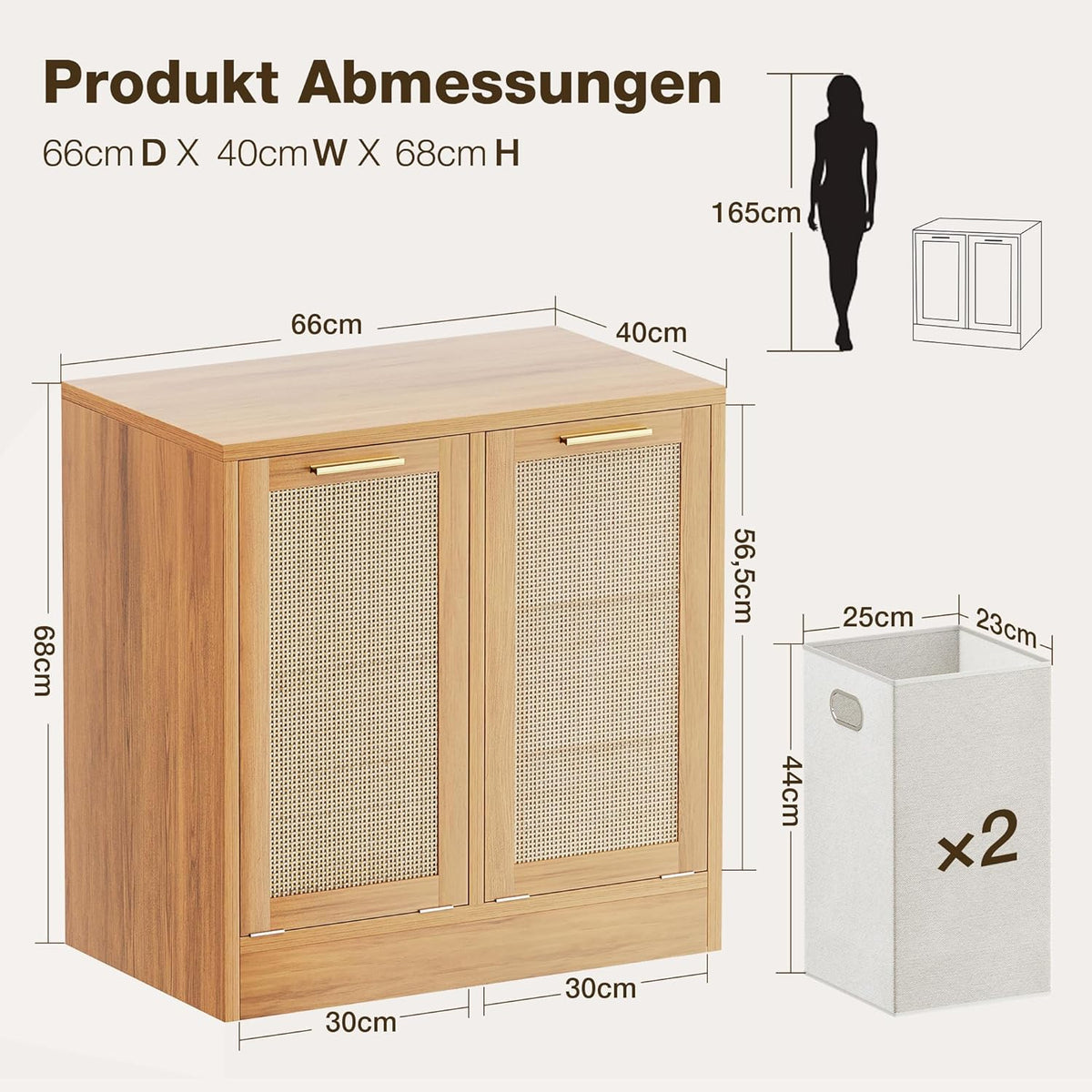 Pamapic Wasdroger, Badkamerkast met Ademende Echte Rotan Design, Kledingopbergmand met 2 Verwijderbare Wasmanden, Badkamer Opbergkast, Anti-tip, 66 x 39,5 x 68 cm, Naturel