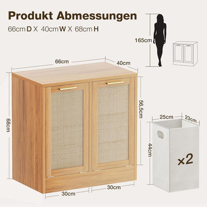 Pamapic Wasdroger, Badkamerkast met Ademende Echte Rotan Design, Kledingopbergmand met 2 Verwijderbare Wasmanden, Badkamer Opbergkast, Anti-tip, 66 x 39,5 x 68 cm, Naturel