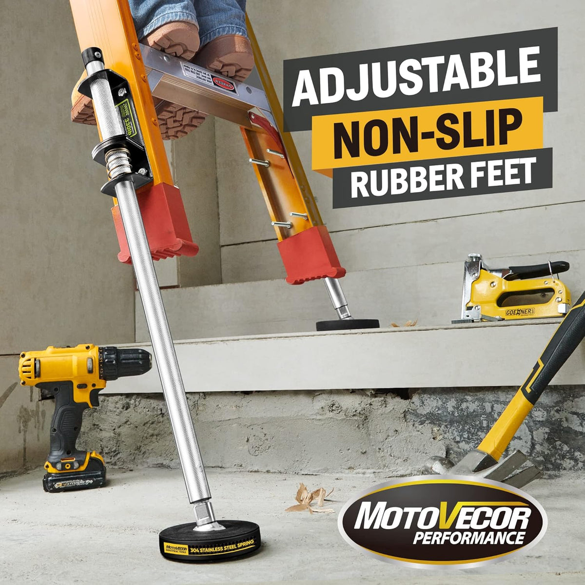 Bravex Verstelbare Ladder Leveler Paar met Anti-Slip Rubber Voeten Gegraveerd Anti-Slip Patroon Stalen Pole, Extension Ladder Stabilizer Voeten Levelers, Universele Trap Ladder Aide Stabilizer Accessoires