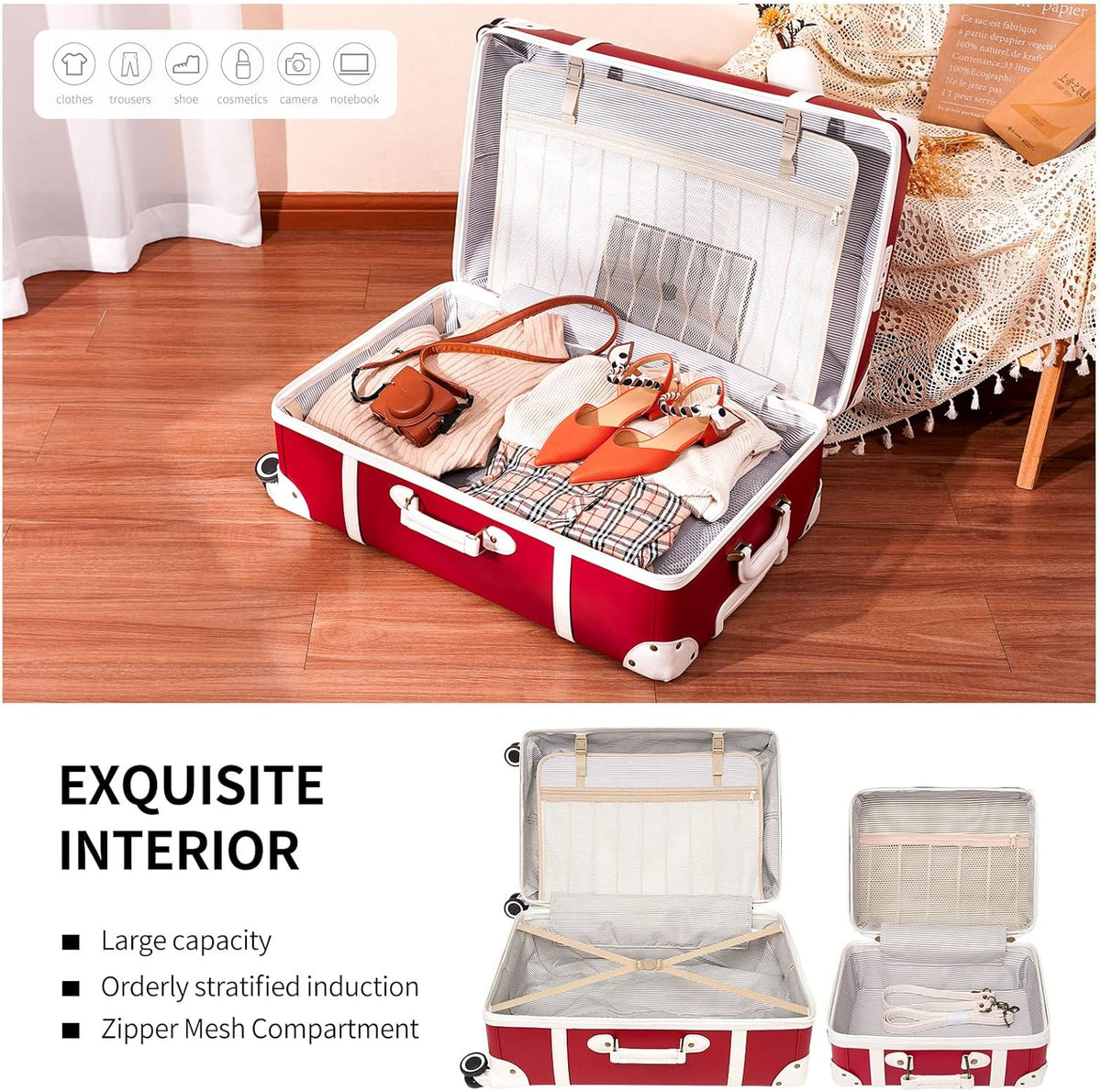 Urecity Vintage reiskofferset, 4-delig, licht, retro, lederen koffer, harde schaal, trolley, handbagage, sets met TSA-slot en 8 wielen (S-M-L-XL), rood, Kofferset