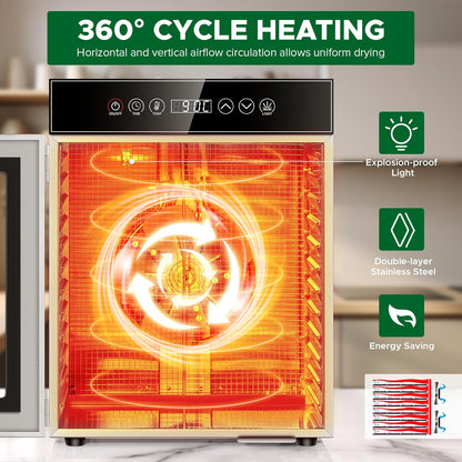 Kwasyo Voedseldehydrator 12 trays, 750W roestvrijstalen dehydrator, voedseldroger UK met digitale timer en temperatuurregeling, oververhittingsbeveiliging, receptenboek inbegrepen