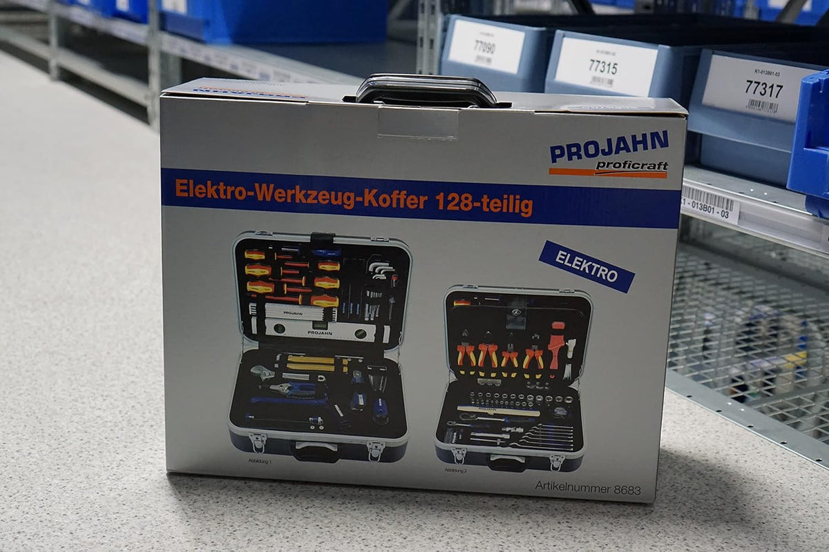 Projahn 8683 Gereedschapskoffer ELEKTRO 128-delig, gereedschapskoffer/moerset/ratel set met 6-kant 1/2 inch inzetstukken, incl. schroefbits (sleuf, PH, PZ, TX), ratel 48 tanden, ABS kunststof