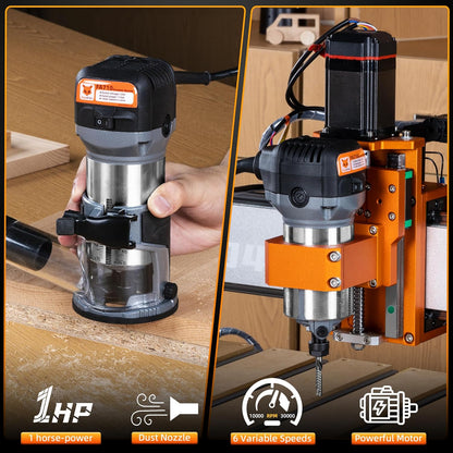 FoxAlien 1 HP 710W 65mm Diameter Compacte Palm Router voor CNC Houtbewerking, 6 Variabele Snelheden Max 30000 R/MIN Hout Trimmer met 1/4" Collet (220V)