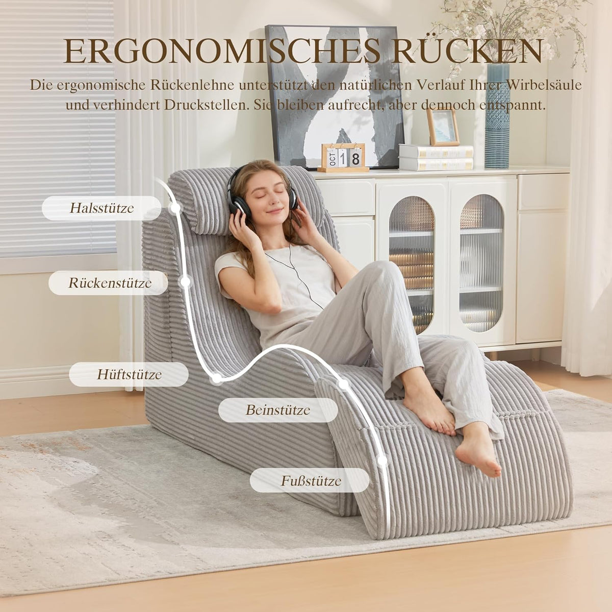 Relaxstoel – Vrijetijdsstoel – Fauteuil – Loungestoel – Leesstoel – Ergonomisch Gecomprimeerd Schuim – Afneembaar Kussen Met Zijvak – Corduroy Lichtgrijs 160x66x90 cm