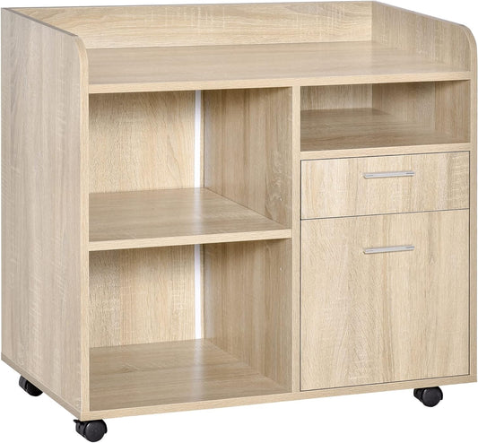 Printer holder – desk organiser – 3 compartments, 2 drawers, large tray, chipboard oak light - QUORE