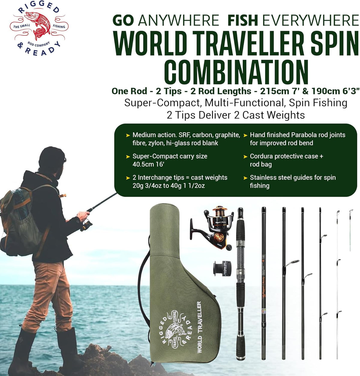 World Traveller Travel Hengel Reel & Case Set. Compact 6 secties 2 Tips. 215cm 7' + 1.9cm 6' 1" Nano-Carbon Hengel Opties. Spin aas Karper Snoek Zee Vissen