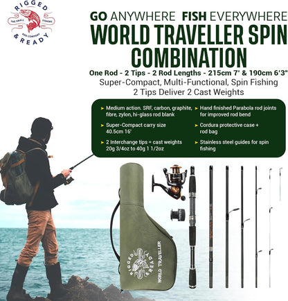 World Traveller Travel Hengel Reel & Case Set. Compact 6 secties 2 Tips. 215cm 7' + 1.9cm 6' 1" Nano-Carbon Hengel Opties. Spin aas Karper Snoek Zee Vissen
