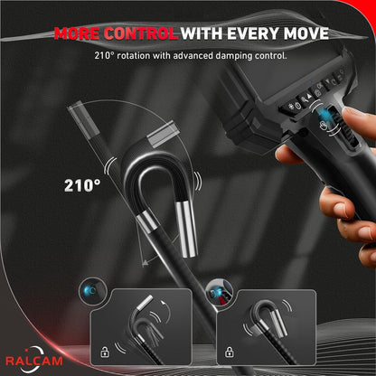 Ralcam Endoscoopcamera met licht, endoscoopcamera met 210° beweegbare kop, 5,5 mm sonde, 5 inch HD-scherm, IP67-inspectiecamera, 1,5 m elastische slangenbuis, buiscamera voor auto en huis