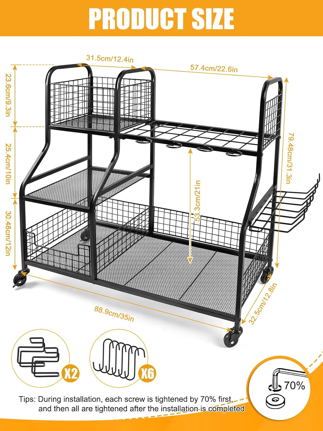 Kalolary Garden Tool Storage Organizer voor Garage, 3 Laags Opberghouder Gereedschap met Wielen, Groot Tuingereedschaprek met Extra Opbergmand voor Tuin/Schuur/Garage/Tuin/Kelder/Gazon