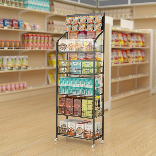5-Laags Displayrek Op Wielen – Opbergrek – Winkelrek – Presentatierek – Snackrek – 60 X 27 X 170 Cm – Metalen Frame Met 10 Afneembare Haken